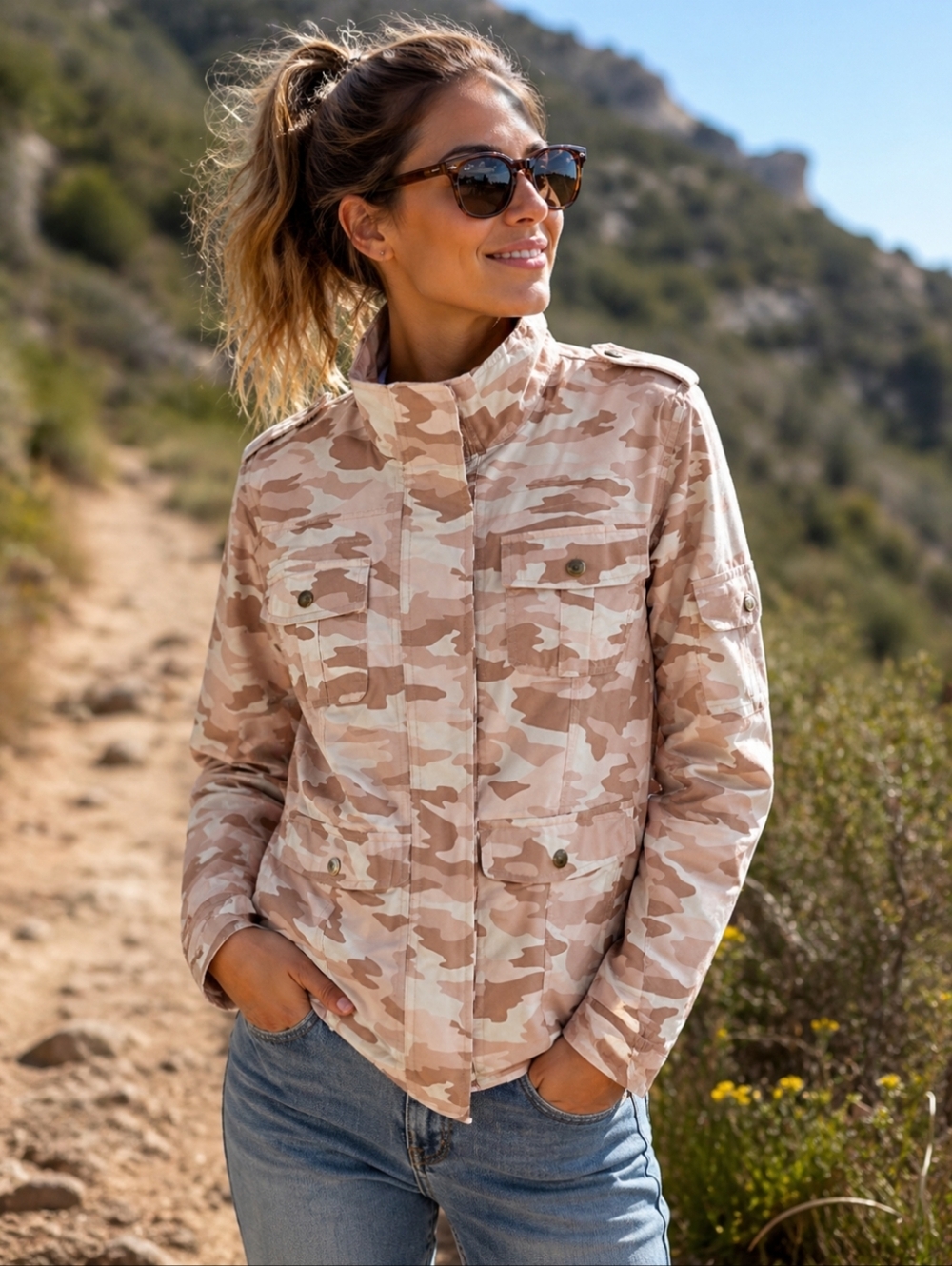 Neutral Light Desert Camouflage Safari Cargo Pockets Utility Light Jacket Sz S